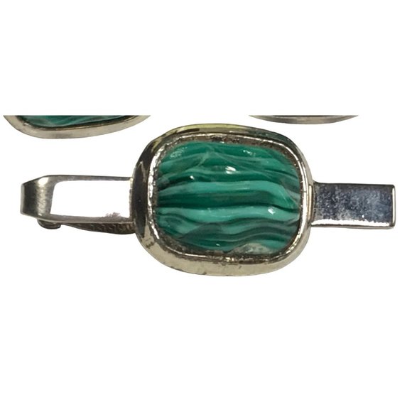 Vintage Silver Tone Metal Cufflinks Tie Clip Bar Set with Peking Glass Stones - Picture 2 of 5